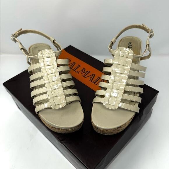 Balmain Ivory Patent Leather Cork Wedge Sandals Sz 7 - Picture 8 of 8